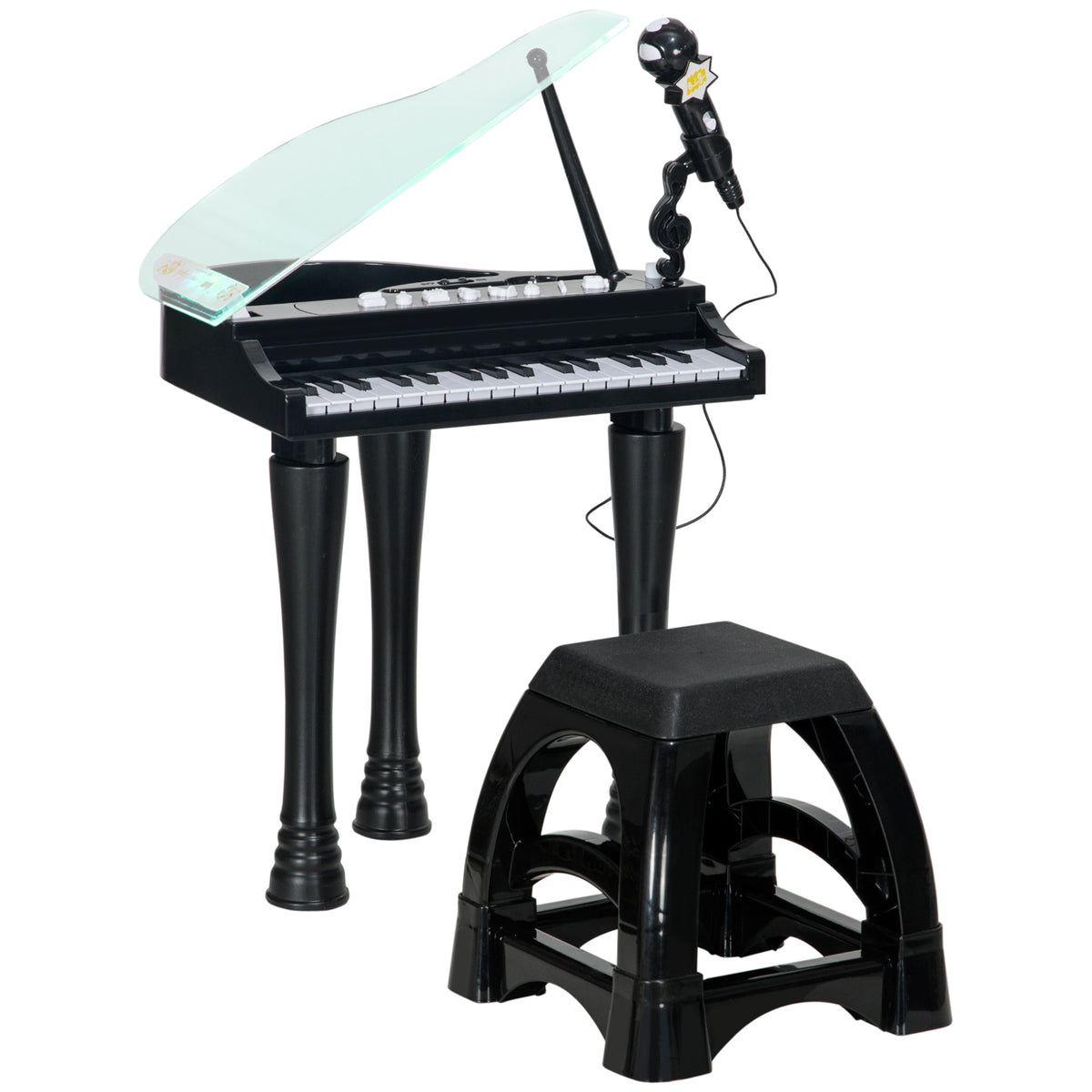 Piano enfant électronique 32 touches multifonctions avec micro haut parleur tabouret couvercle lumineux LED noir-0