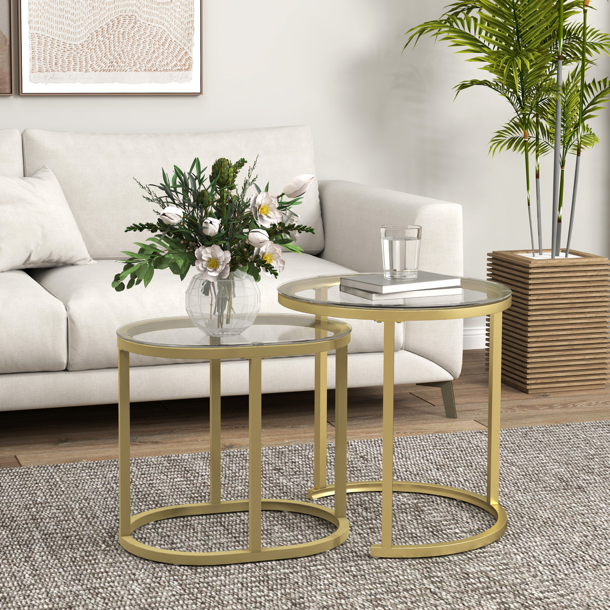 Lot de 2 tables basses tables d'appoint gigognes encastrables structure en acier et plateau verre trempé transparent or-9