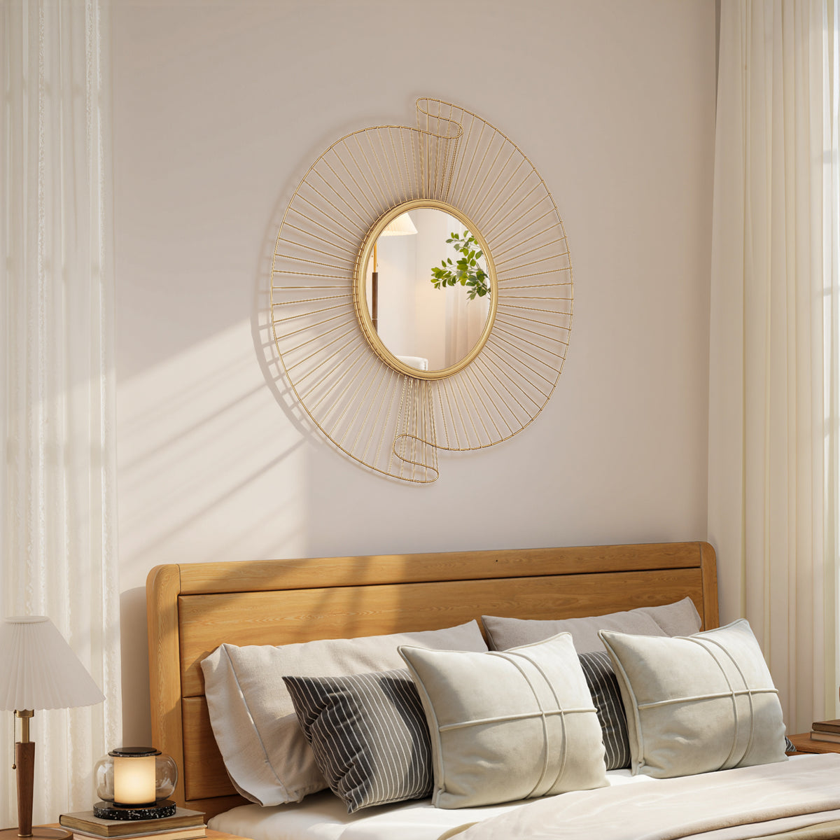 Miroir décoratif rond 60 cm avec fixation à 360°, décoration murale en métal moderne avec détails plissés, doré-1