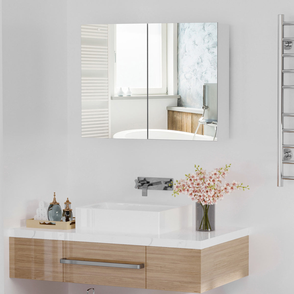 Armoire murale salle de bain avec miroir, 80 x 15 x 60 cm, meuble salle de bain, armoire de toilette avec double portes et étagères réglables, blanc-1