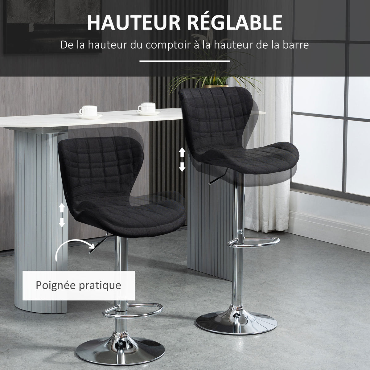 Lot de 2 Tabourets de Bar Design Contemporain Hauteur d'assise réglable 59-81 cm pivotant 360° Lin Noir-4
