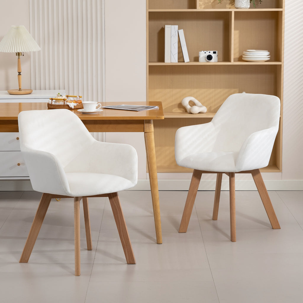 Lot de 2 chaises de salle à manger Fauteuil Assise rembourrée en tissu effet velours Pieds en bois, crème-1