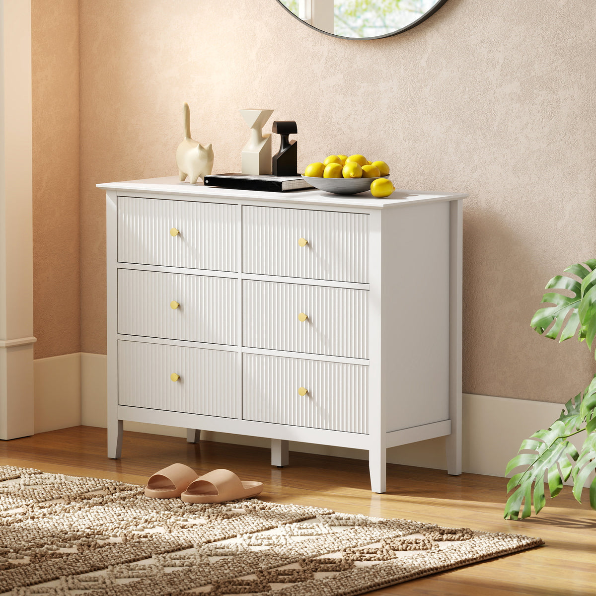 Commode à 6 Tiroirs, Meuble de Rangement, Chiffonnier avec Façades Rainurées, 100 x 40 x 78 cm, Blanc-8