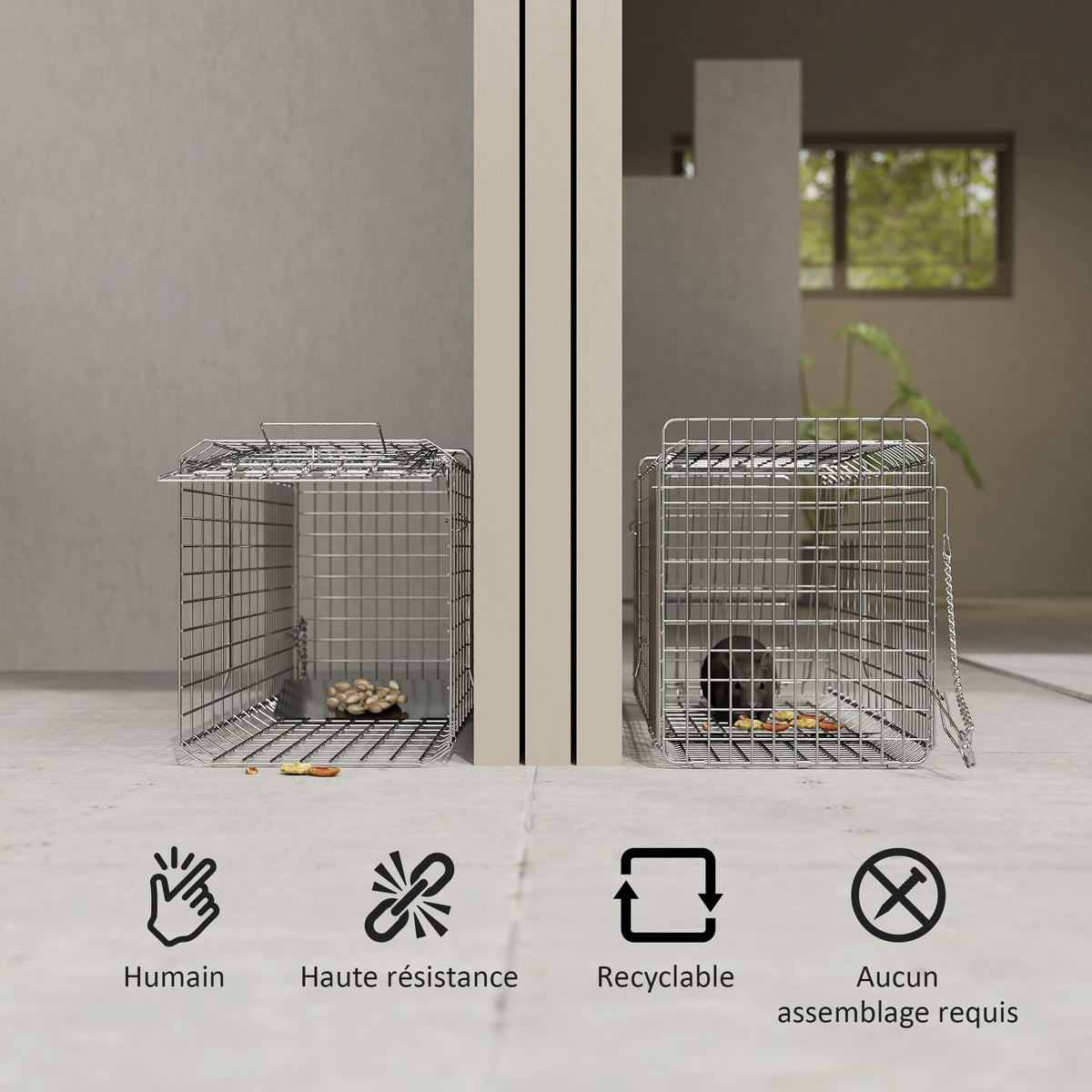 Piège cage de capture pliante pour petits animaux type rat et souris - 2 portes poignée 66 x 24 x 30,5 cm acier gris-3