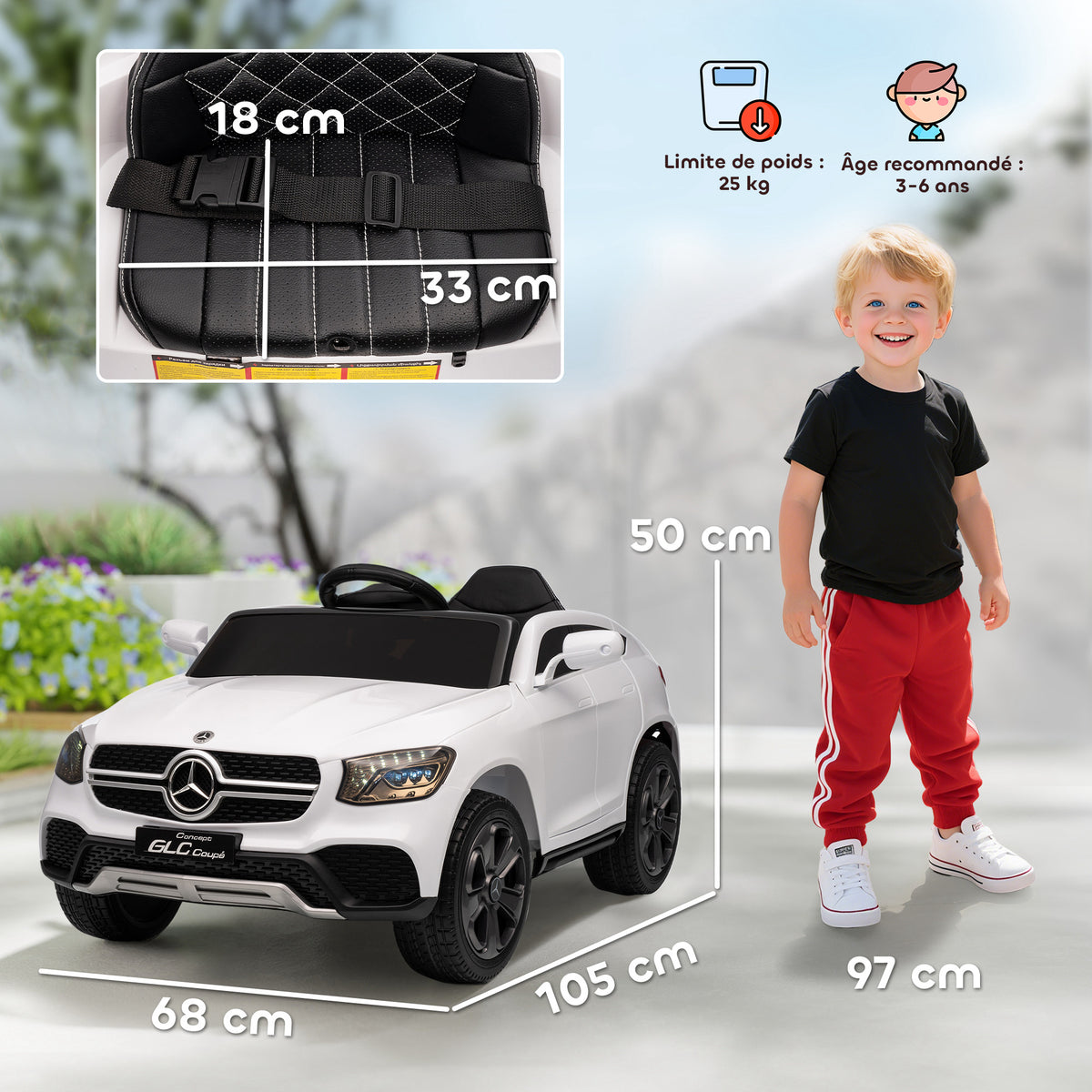 Voiture électrique enfants, véhicule électrique 12V, télécommande 2,4G, 3 vitesses, démarrage lent, 105x68x50cm, blanc-2