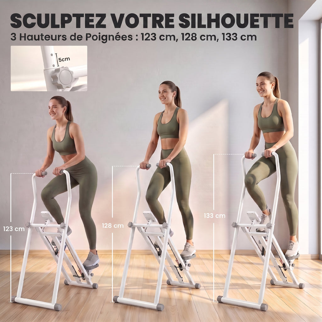 Stepper d'Escalier Pliable, 3 Niveaux de Résistance, Hauteur Réglable, Écran LCD, Charge 150 kg, 90x50x133cm, Blanc-4
