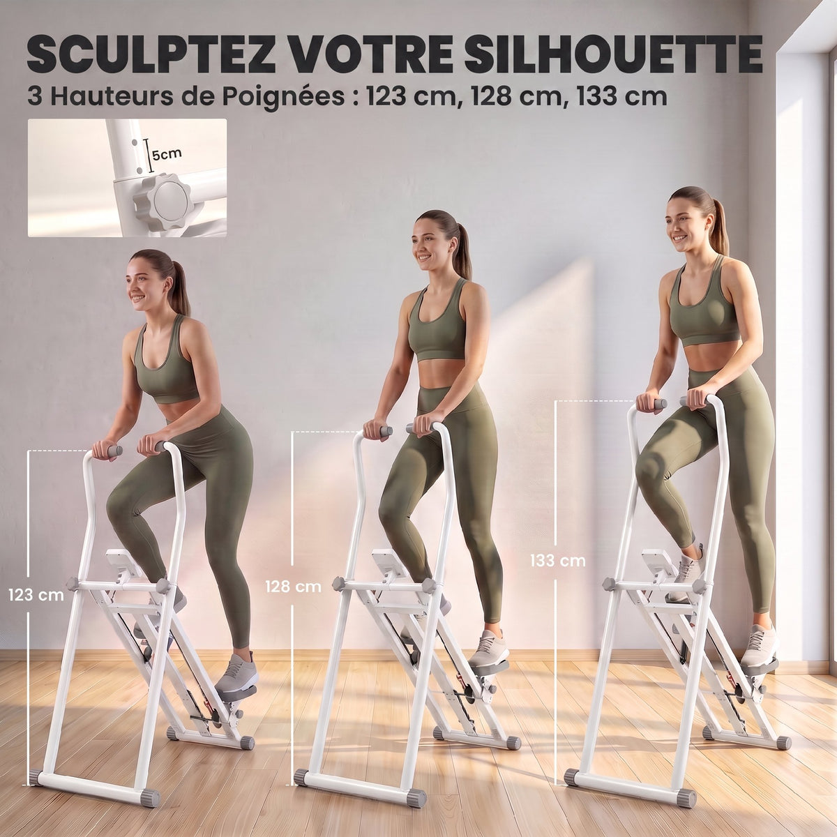Stepper d'Escalier Pliable, 3 Niveaux de Résistance, Hauteur Réglable, Écran LCD, Charge 150 kg, 90x50x133cm, Blanc-4