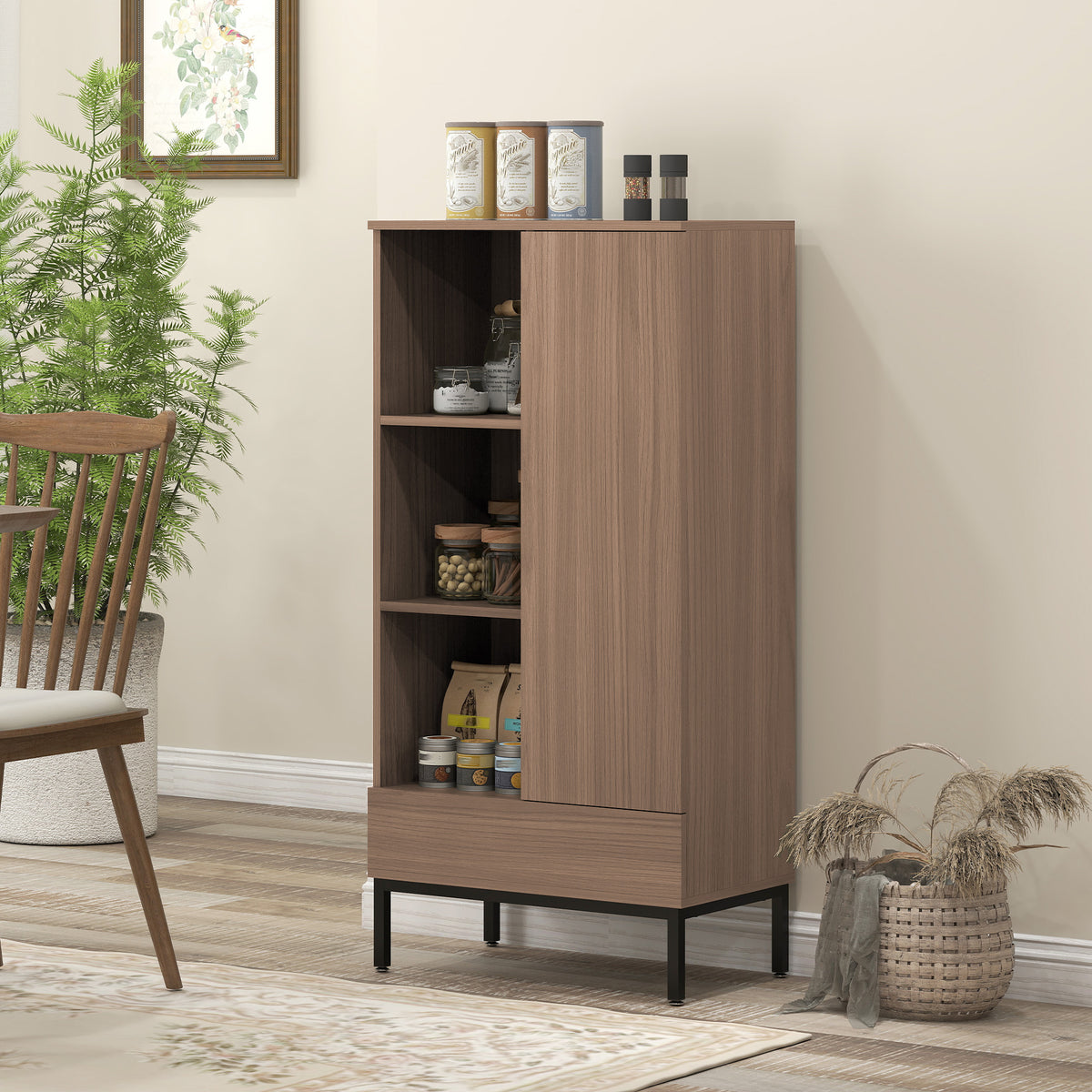 Buffet meuble de rangement avec placard à portes, tiroir, 3 compartiments ouverts et étagères réglables, gris-8