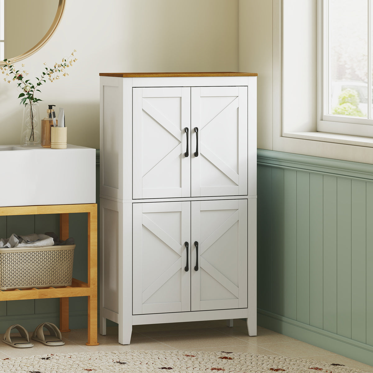 Meuble de salle de bain, meuble de rangement étroit avec 4 portes de grange et étagères réglables, blanc-1