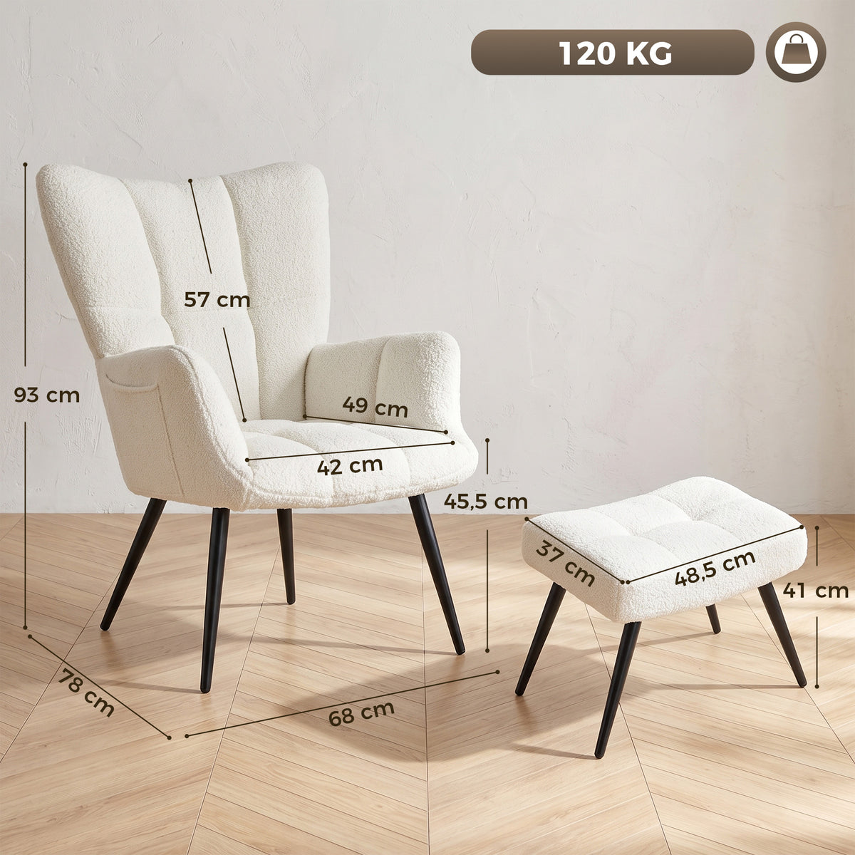 Fauteuil de Salon avec Repose-Pied, Fauteuil d'Appoint Capitonné en Peluche Teddy, Dossier Haut, Poches Latérales, Beige-2