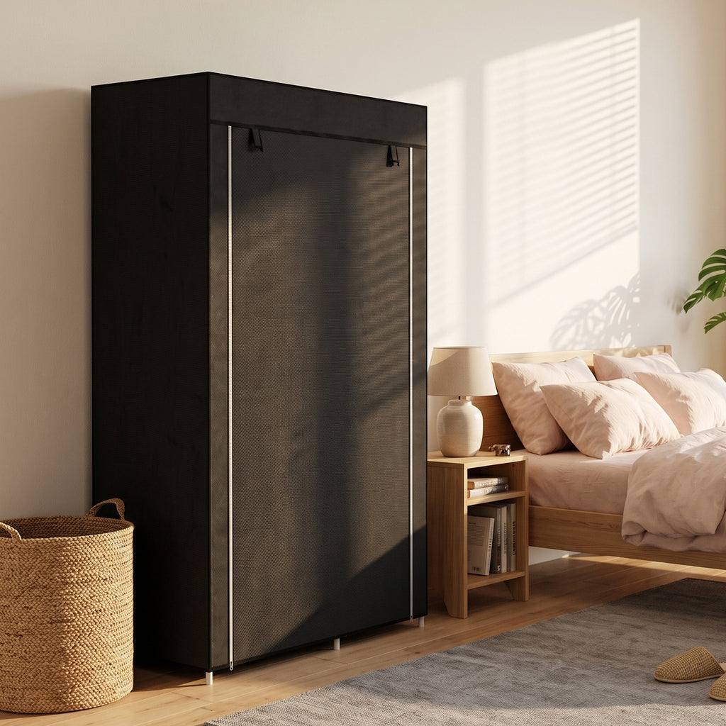 Armoire penderie multi-rangement - 6 étagères, 1 barre - non tissé noir-7