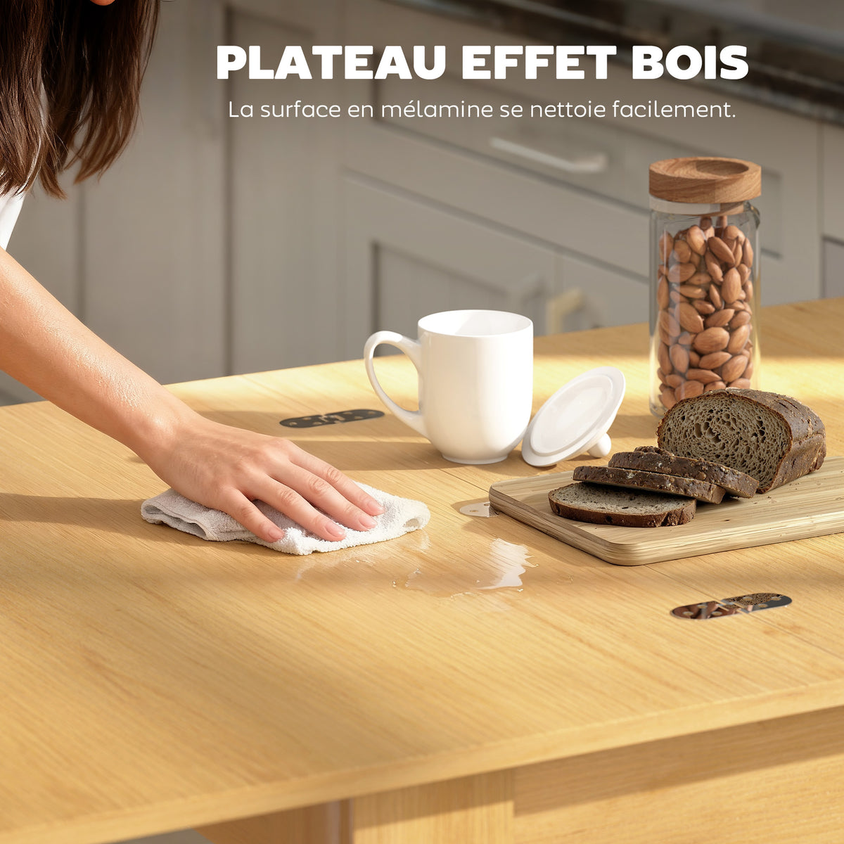 Table à manger extensible rectangle pour 4 à 6 personnes, table de cuisine 70-140 cm, patins en feutre, bois naturel-5