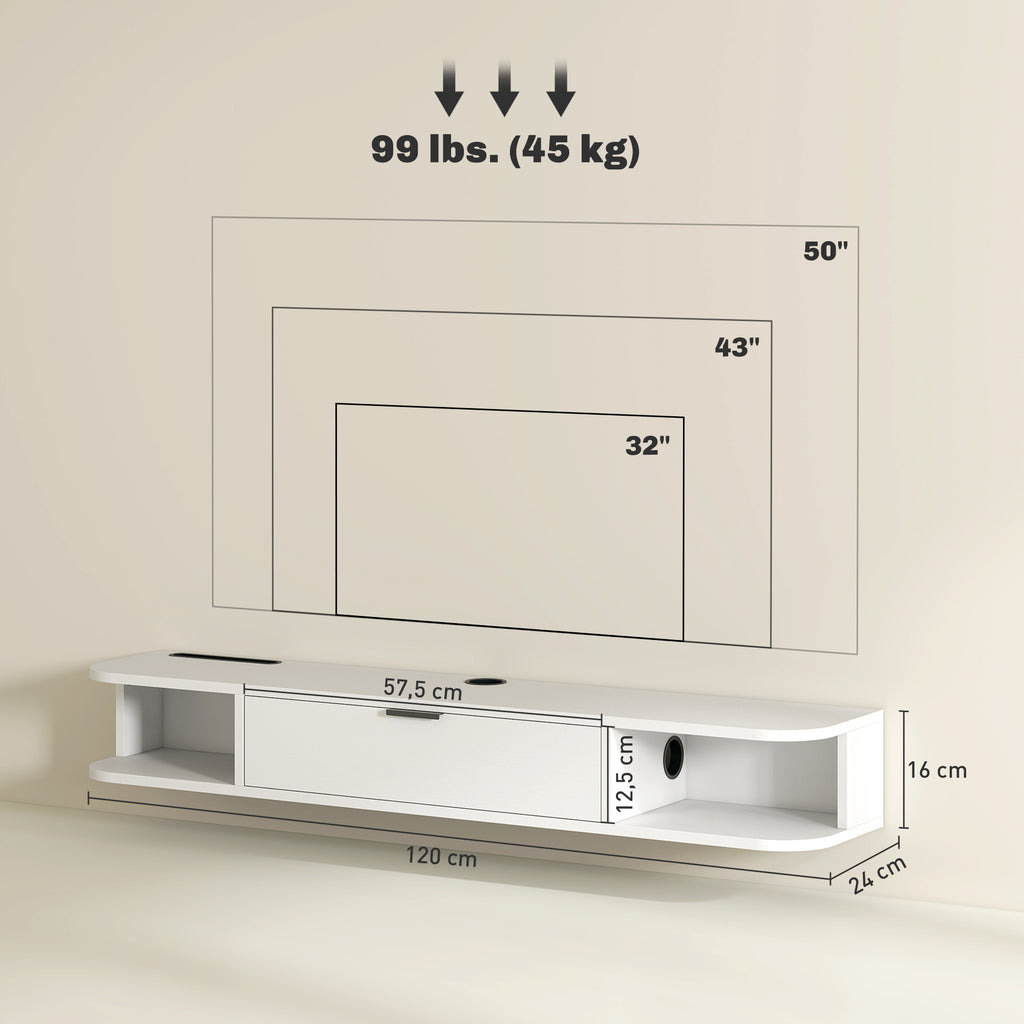 Meuble TV suspendu, meuble télé pour téléviseur jusqu'à 50 pouces, tiroir rabattable 2 étagères 120x24x16cm blanc-2