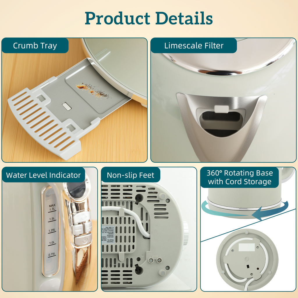 Ensemble bouilloire et grille-pain, bouilloire en acier inoxydable 1,7 L et 2200 W et grille-pain à 2 tranches, gris-8