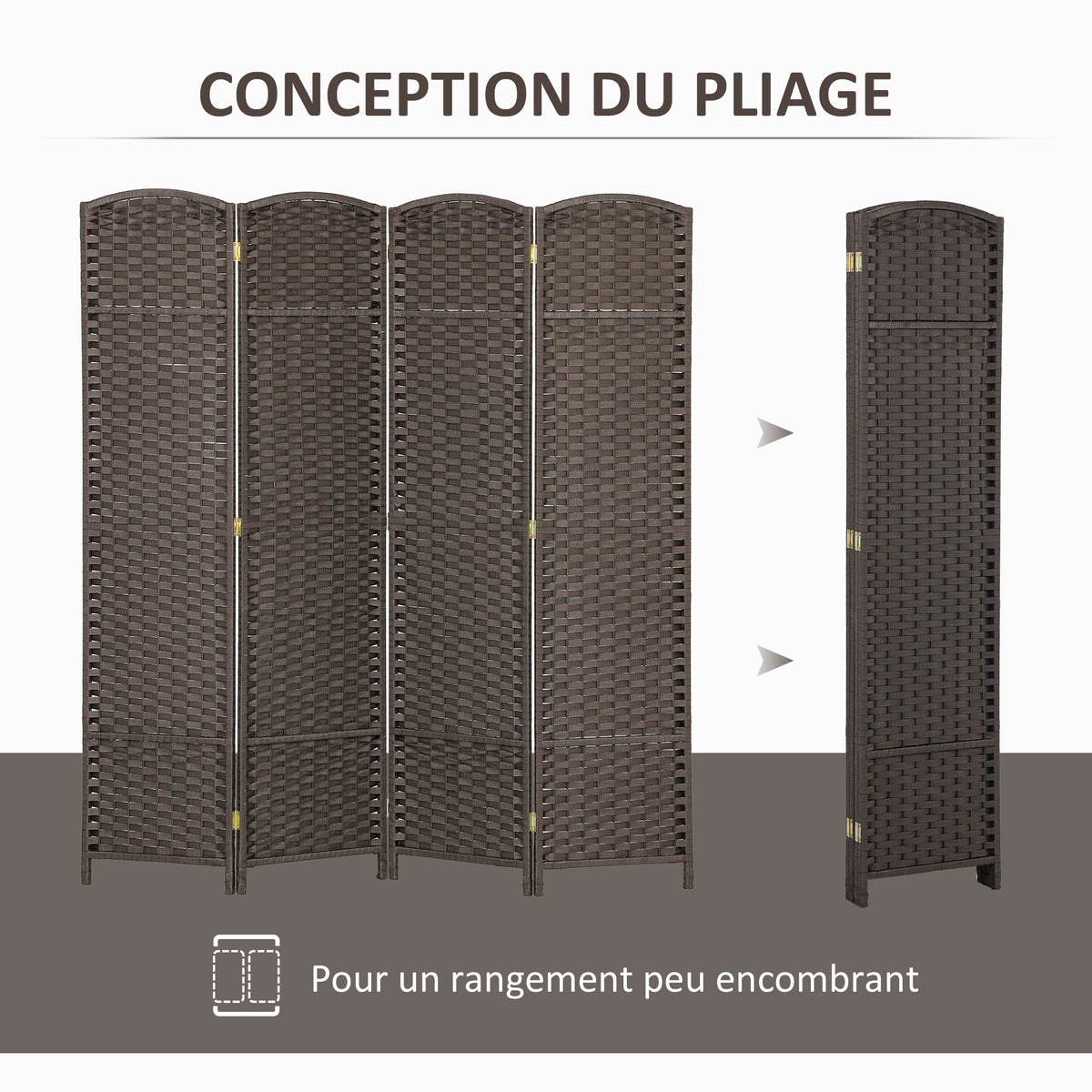 Paravent interieur en bois 4 panneaux 160 x 170 cm séparateur de pièce pliable pour salon, chambre à coucher, marron-4