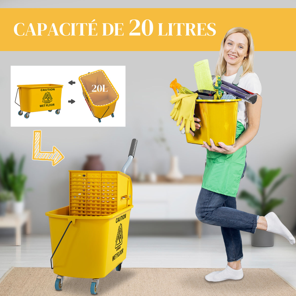 Chariot de ménage chariot de lavage essoreuse latérale seau 20 L, poignée et serpillère, 45 x 26,5 x 70 cm, jaune-3