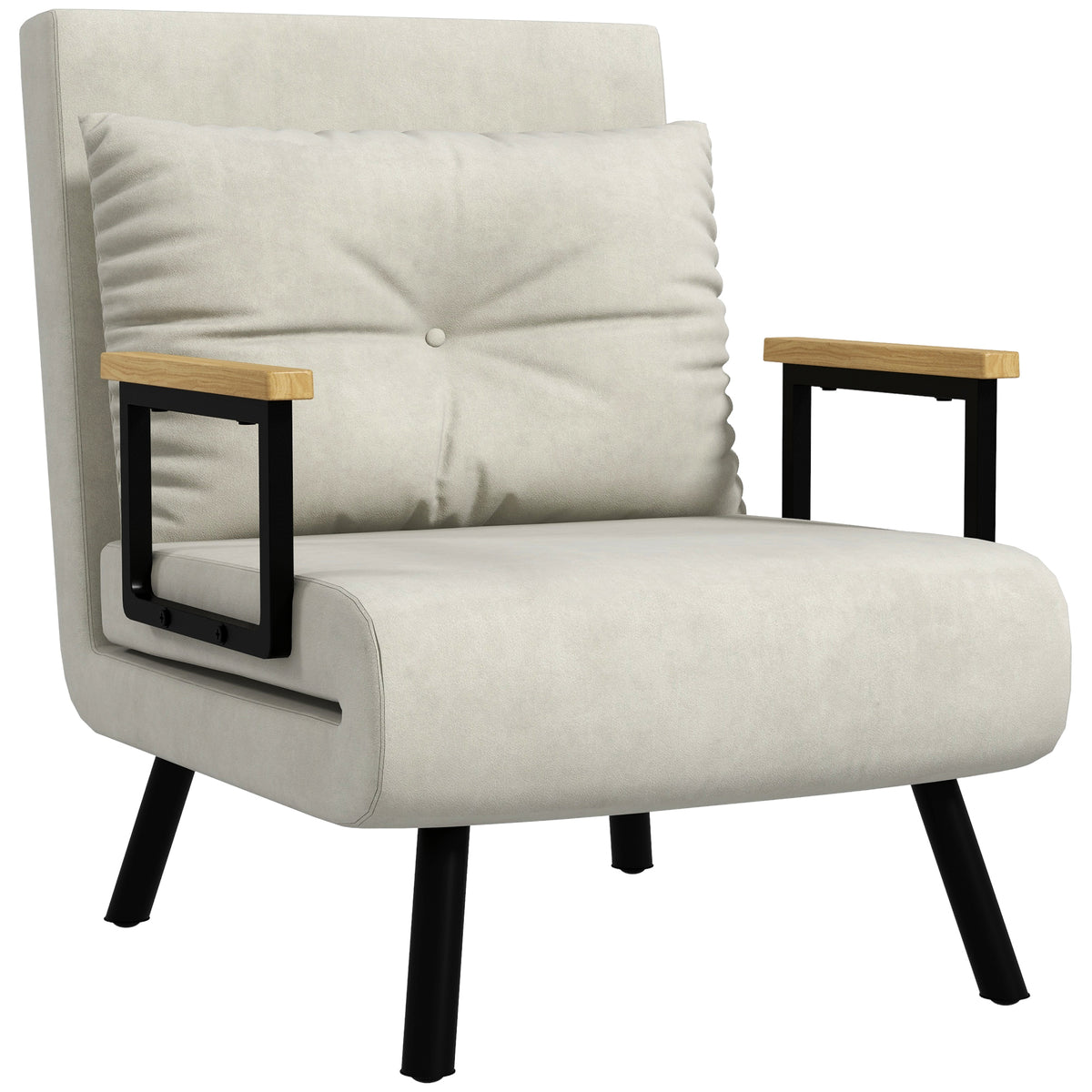 Fauteuil convertible 4 en 1 lit 1 place dossier 5 positions, accoudoirs en bois et coussin, tissu effet velours, crème-0