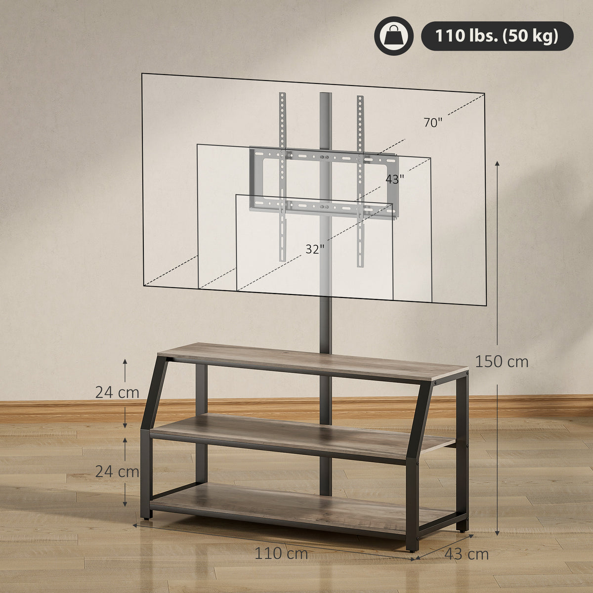 Meuble TV avec support pour téléviseurs jusqu'à 72 pouces, meuble télé avec 2 étagères ouvertes, 110x43x150cm, gris-2
