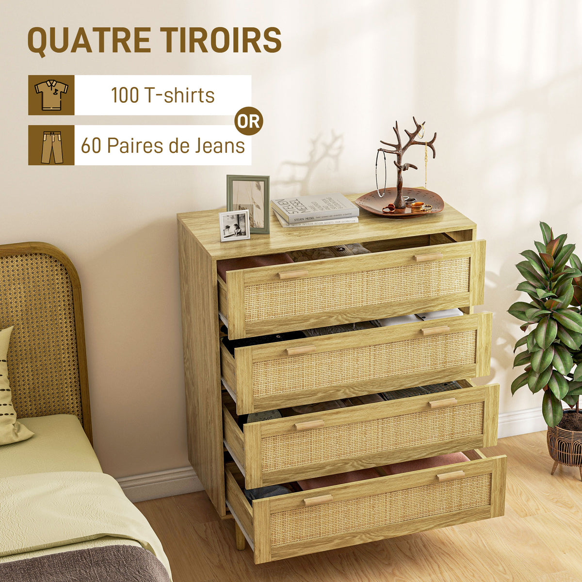 Commode 4 tiroirs meuble de rangement façade tissage en rotin style bohème dim. 90l x 45P x 108,5H cm Aspect Bois Clair-4