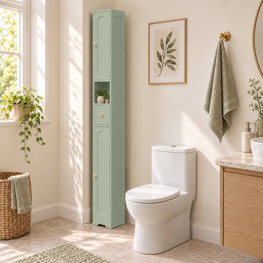 Meuble colonne salle de bain, meuble de rangement, 2 portes, tiroir, compartiment ouvert, étagère réglable, vert-8