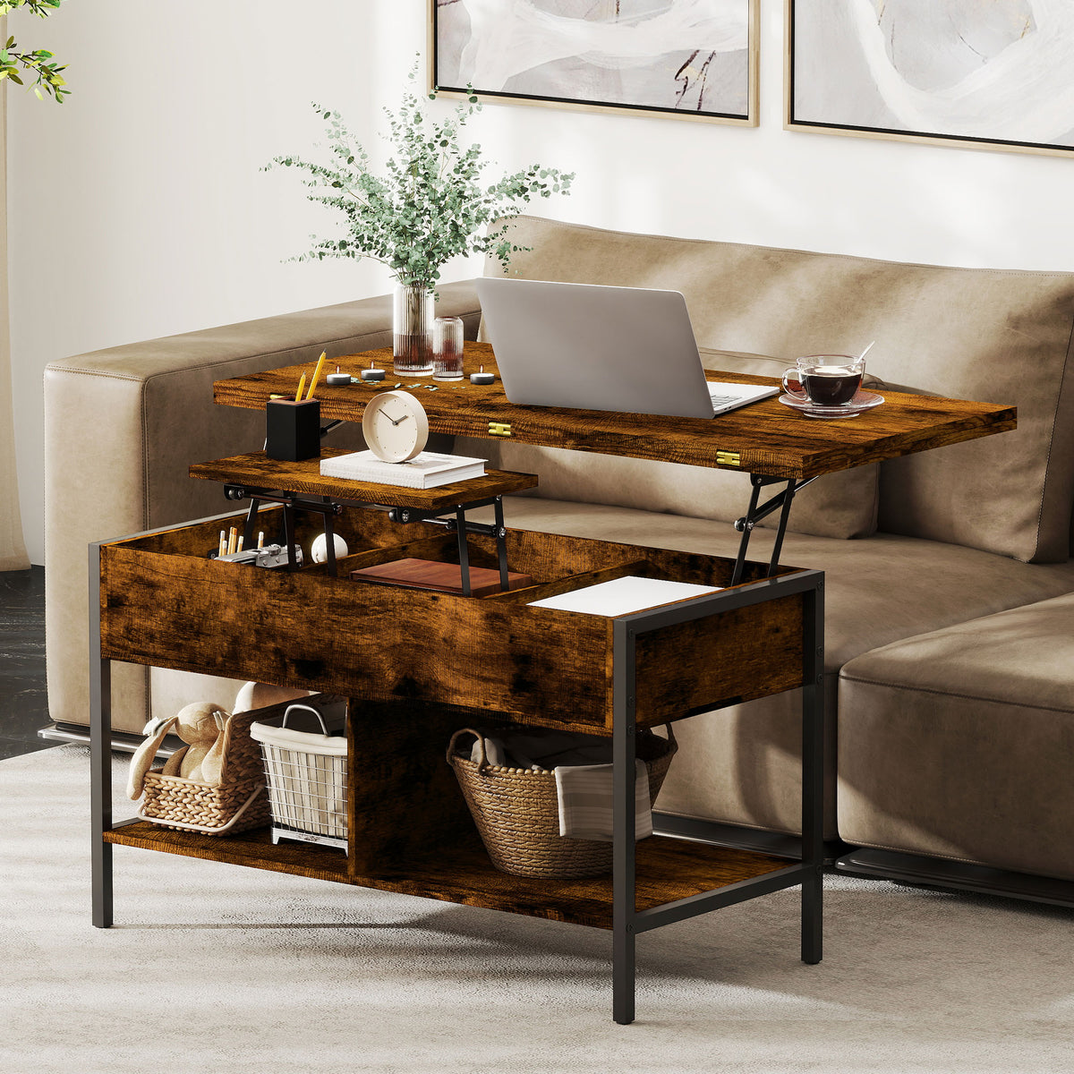 Table basse relevable et extensible, table de salon avec compartiment caché étagères ouvertes, 98x49x55cm, brun rustique-9