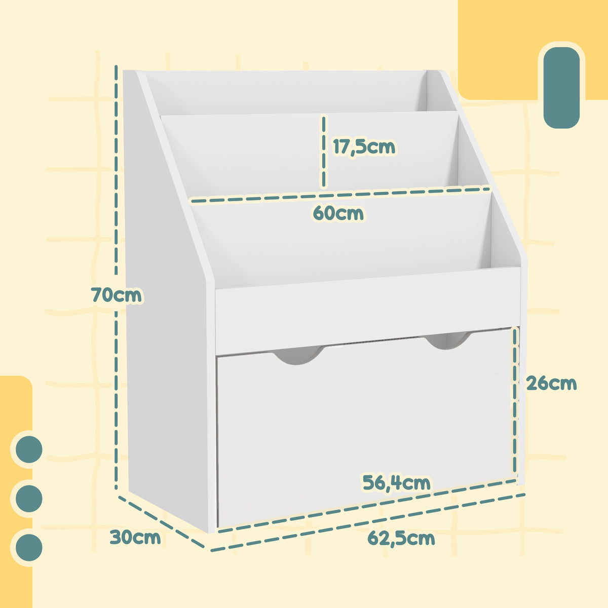 Bibliothèque pour enfants Multi-Rangement avec 3 niveaux d'étagères et un tiroir, 62,5L x 30l x 70H cm, blanc-2