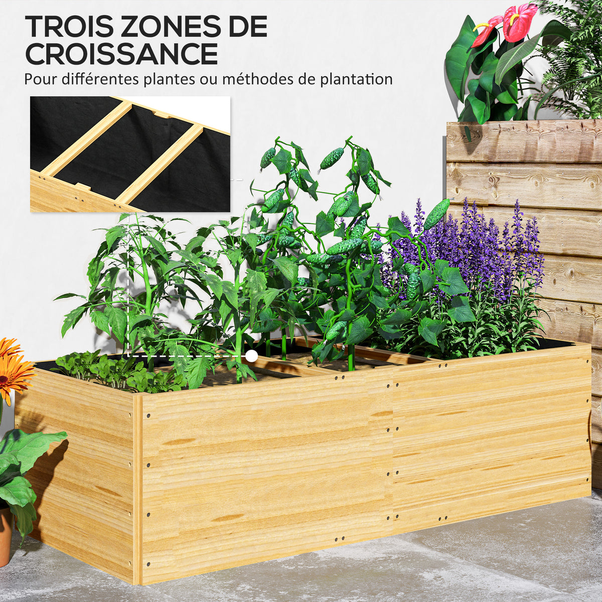 Jardinière extérieur, carré potager en bois, 3 compartiments de plantation et doublure inclus, 140x60x40cm, naturel-3