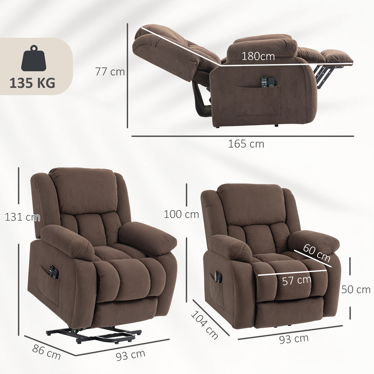 Fauteuil Releveur Électrique, Massage et Chauffage, Repose-Pieds, Dossier Inclinable, Télécommande, 93x104x100cm, Marron-2