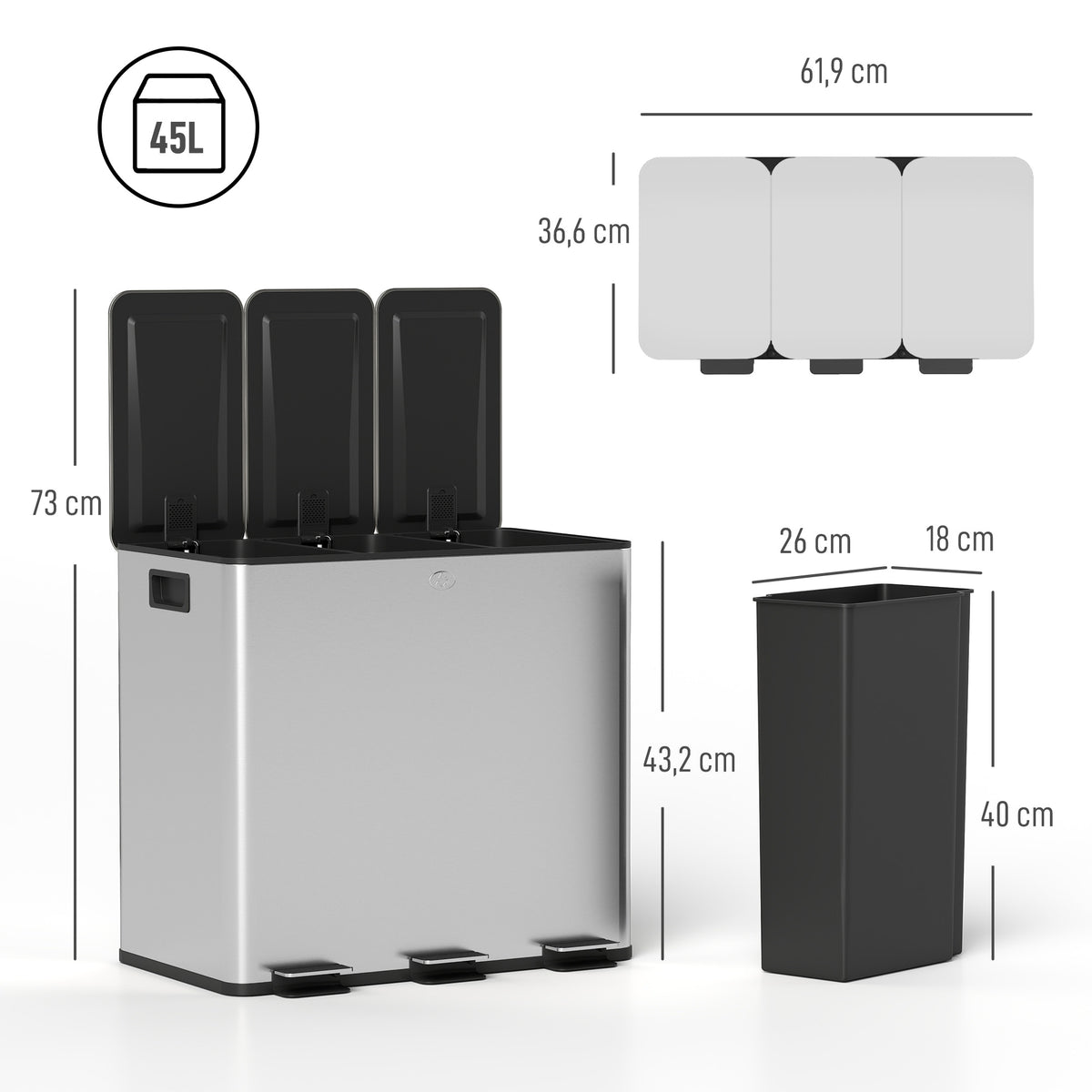 Poubelle de cuisine, poubelle tri sélectif, 3 compartiments de 15L, seaux intérieurs amovibles, 61,9x36,6x43,2cm, argent-2