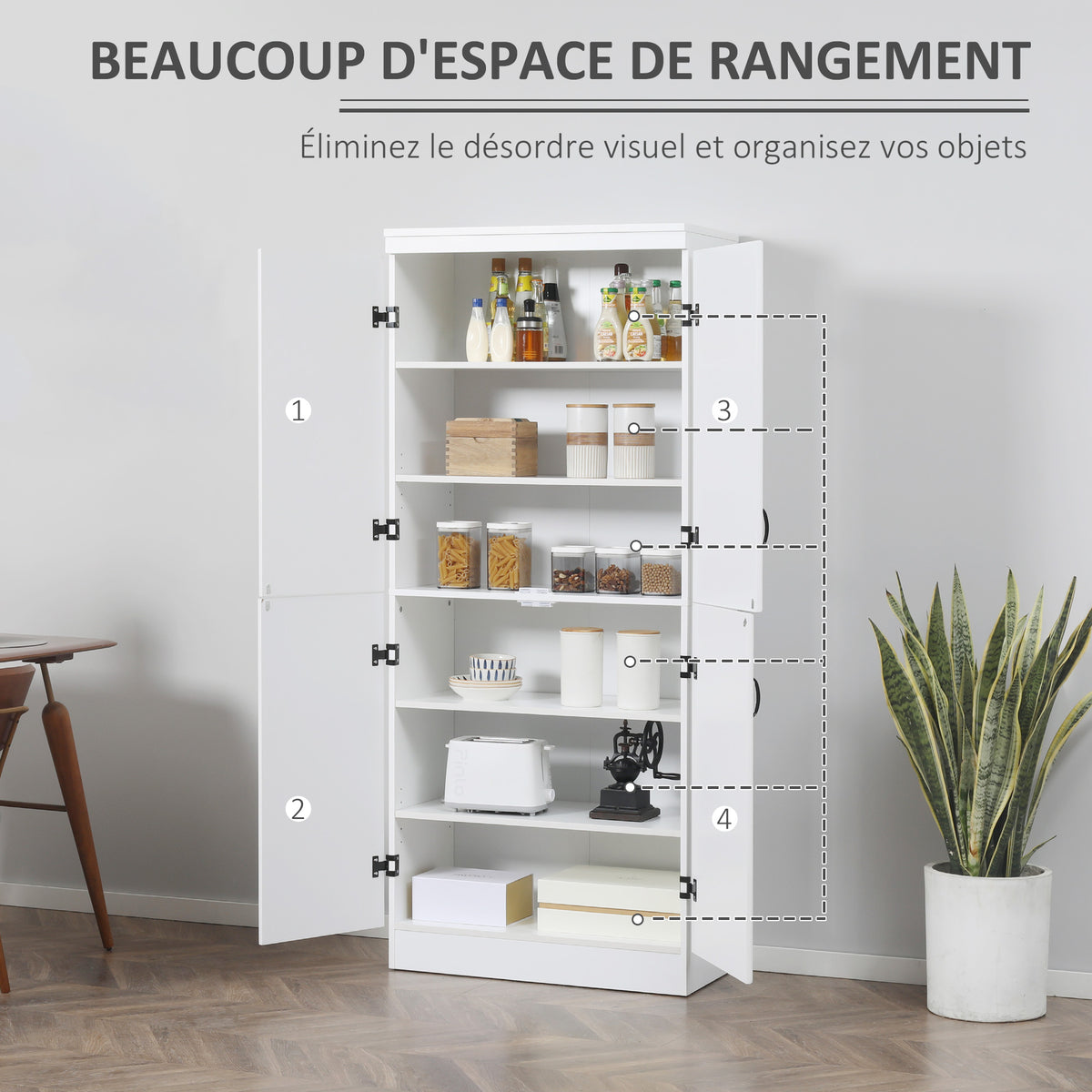 Armoire de cuisine buffet de salle à manger avec 4 portes 6 étagères de rangement style moderne 76 x 40 x 177 cm blanc-3