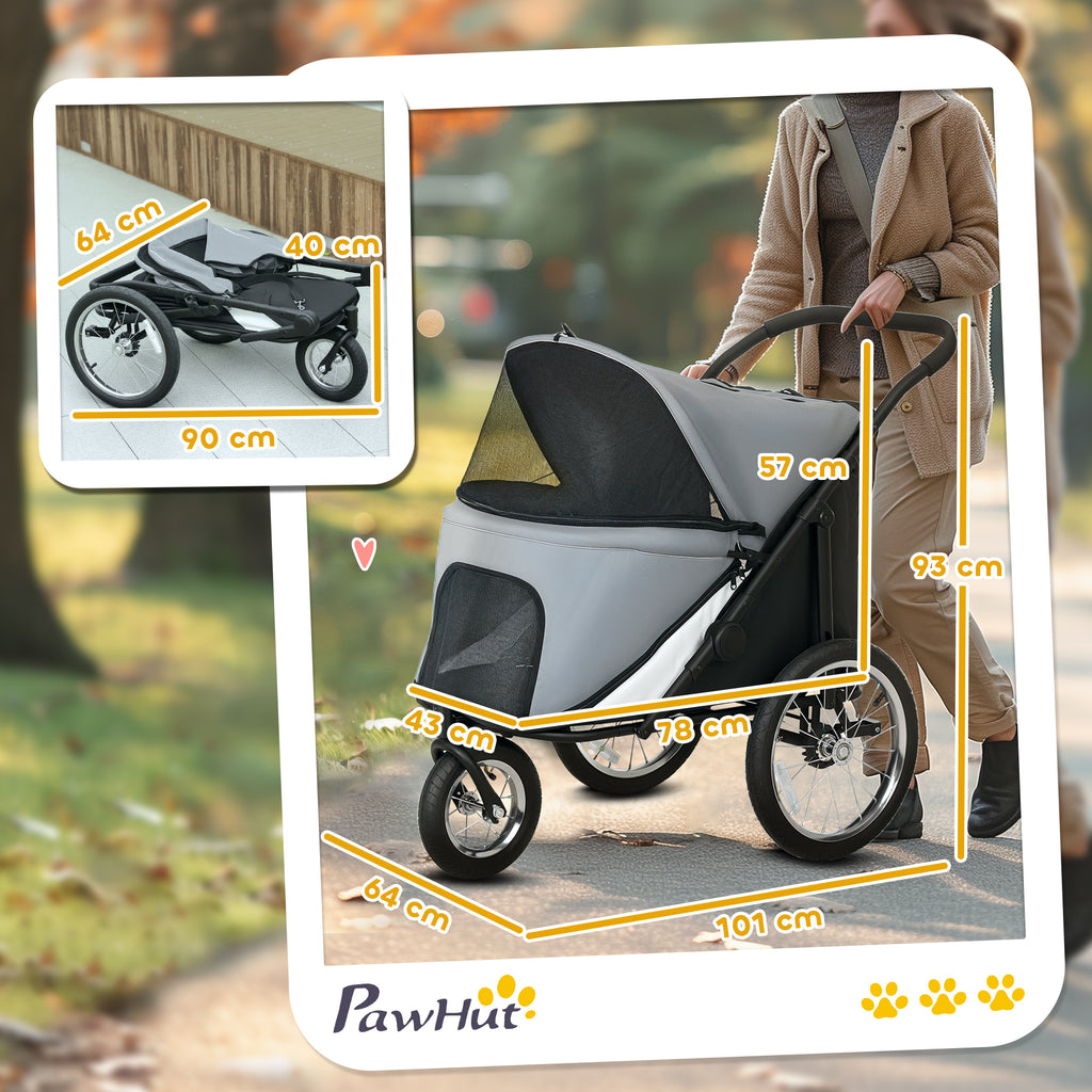 Poussette pour chien 3 roues avec pliage facile, sac de rangement, coussin souple, laisse de sécurité, gris-2
