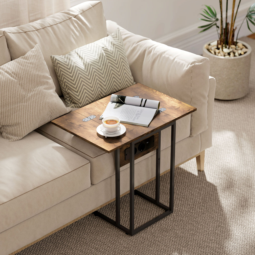 Table d'appoint bout de canapé avec station de charge, plateau pliable, 39 x 29 x 57 cm, brun rustique et noir-6