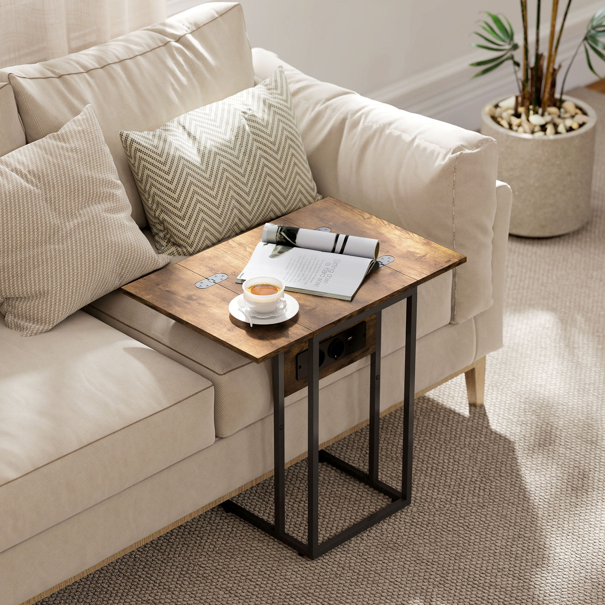 Table d'appoint bout de canapé avec station de charge, plateau pliable, 39 x 29 x 57 cm, brun rustique et noir-6