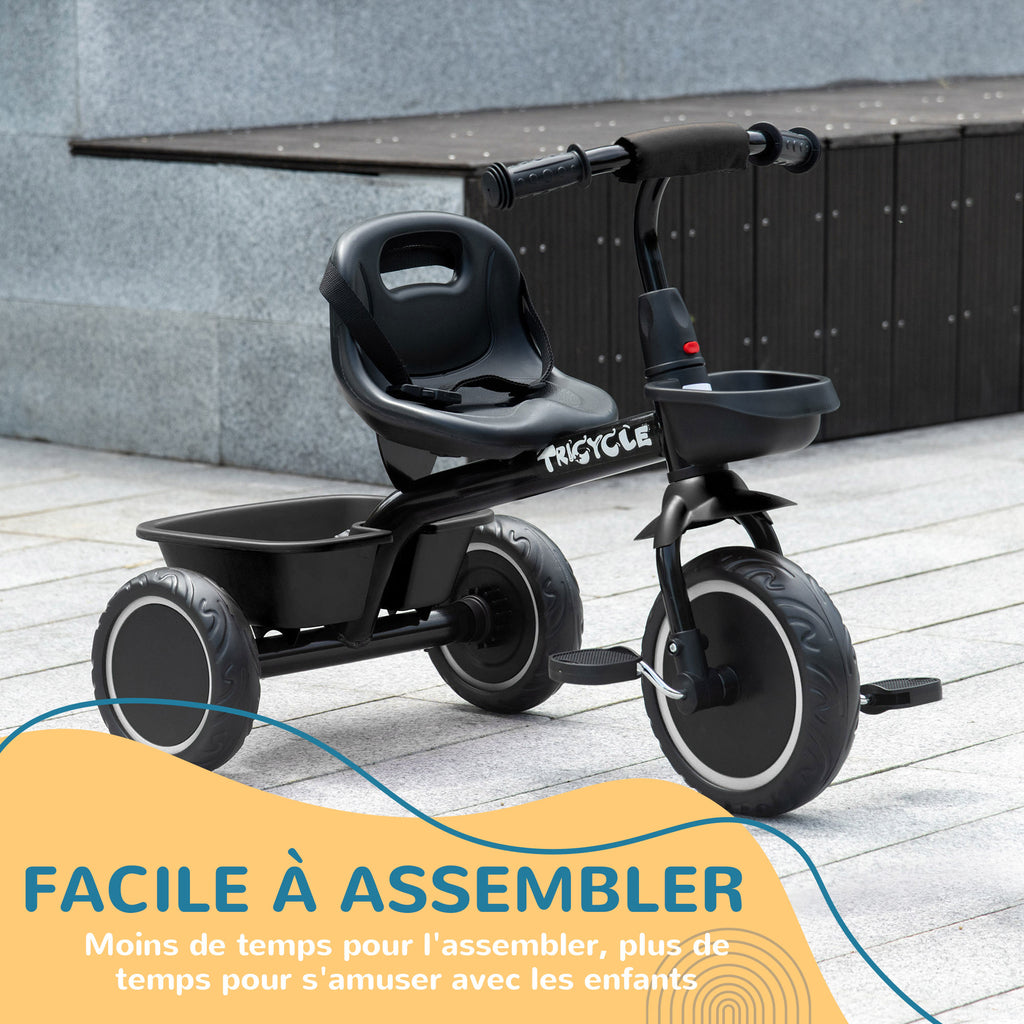 Tricycle pour enfant évolutif avec siège réglable pédales 2 paniers ceinture pour enfant de 2 à 5 ans noir-6