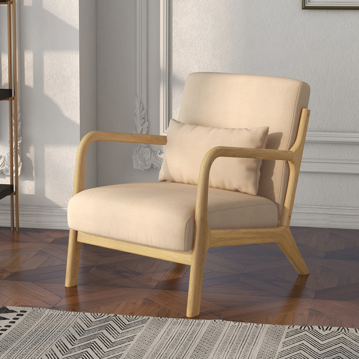Fauteuil lounge - 3 coussins inclus - assise profonde - accoudoirs - structure bois hévéa - aspect velours beige-9