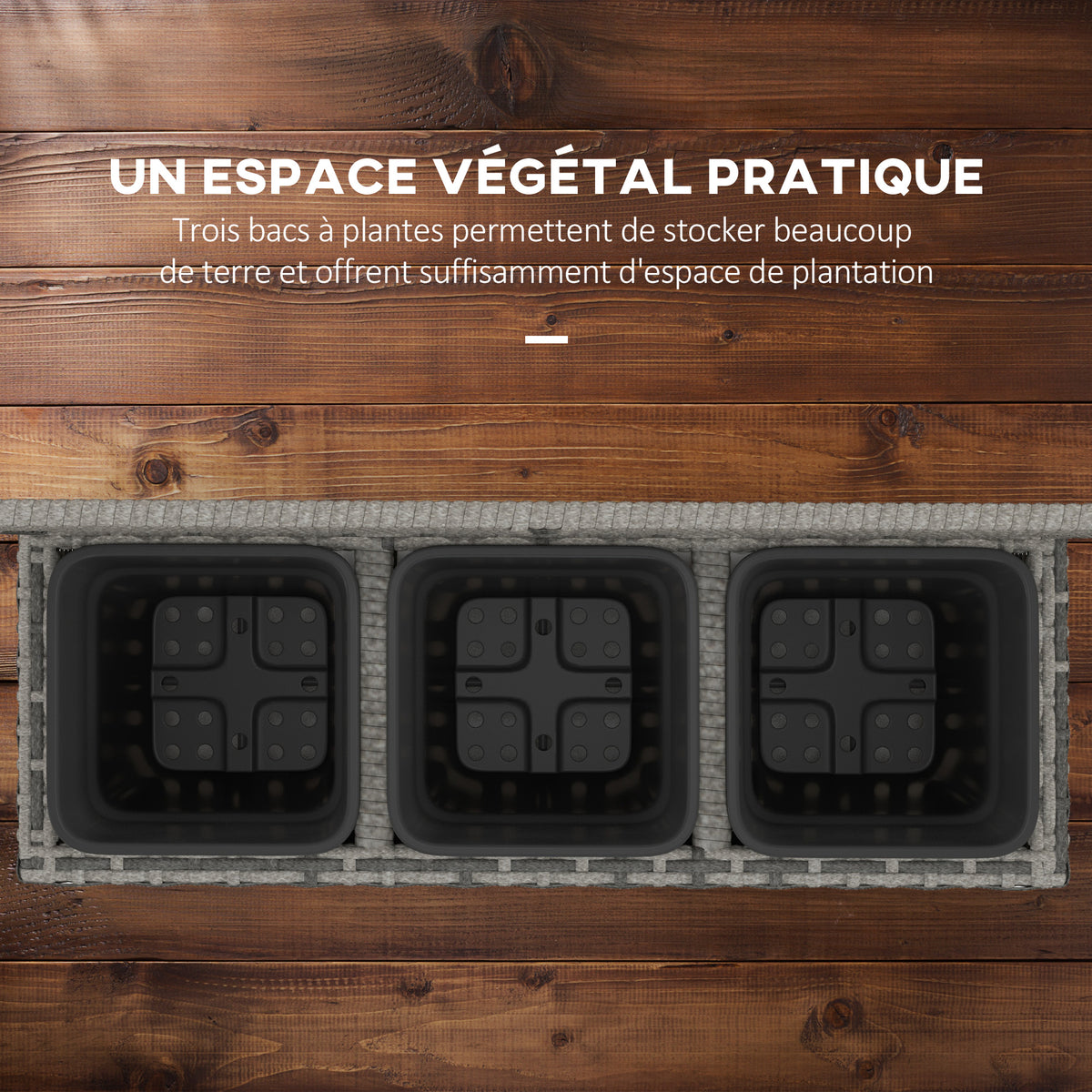 Jardinière pour plantes avec treillis 3 bacs à plante 33L en résine tressée et acier dim. 84L x 30L x 107H cm-4