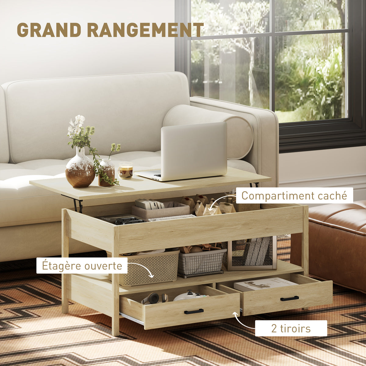 Table basse relevable, table basse avec tiroirs et compartiment caché pour salon, bureau à domicile, chêne-4