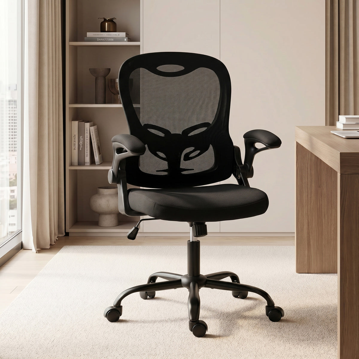 Chaise Bureau Ergonomique, Fauteuil de Bureau Maille, Accoudoirs Relevables, Hauteur Réglable, Fonction Bascule, Noir-1