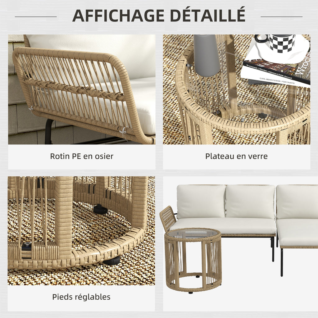 Salon de jardin extérieur d'angle 3 places en résine tressée avec canapés, chaise longue, table basse et coussins, crème-5