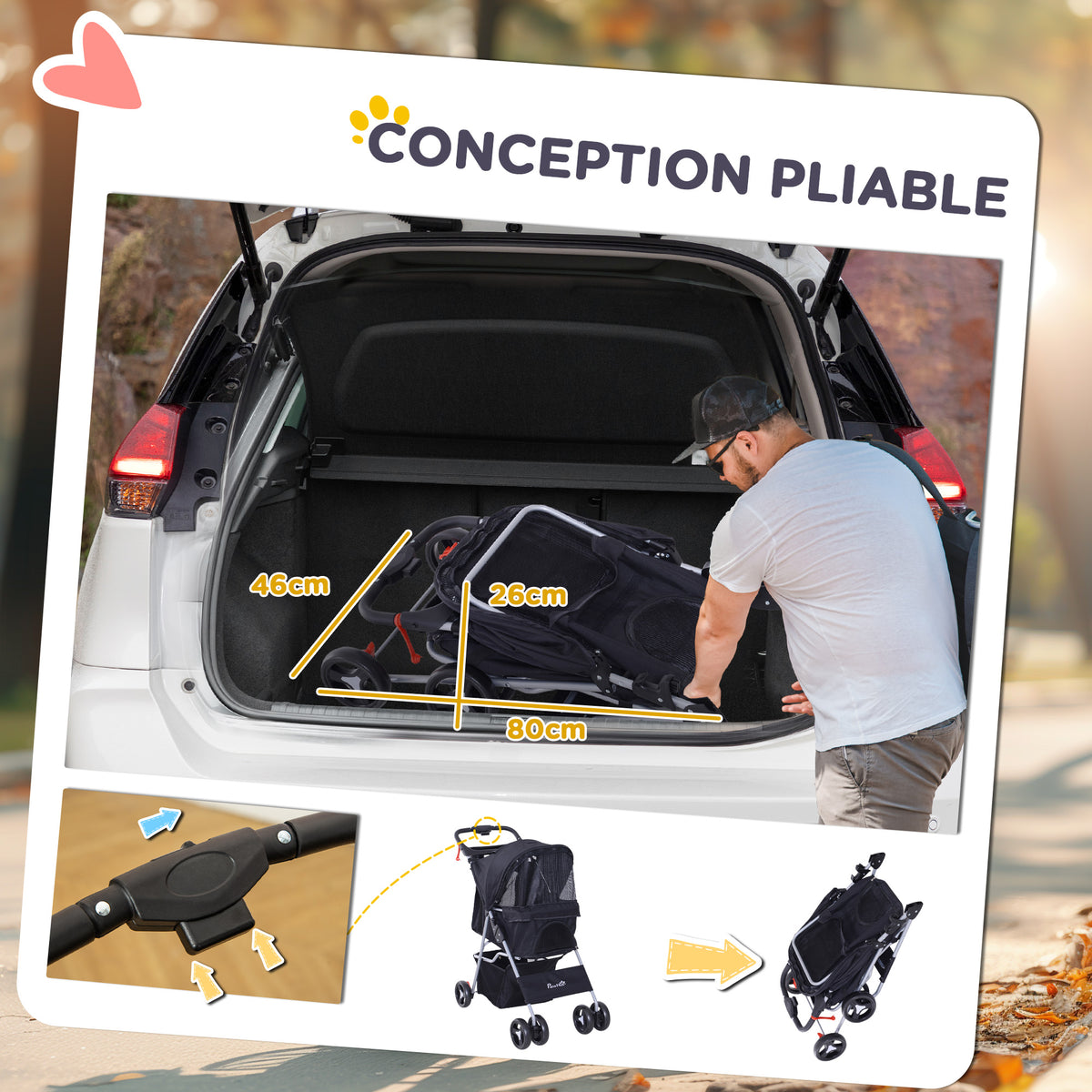 Poussette Buggy pour Chiens 77L x 45l x 99,5H cm Pliable Imperméable Tissu 600D Oxford 4 Roues Noir-4