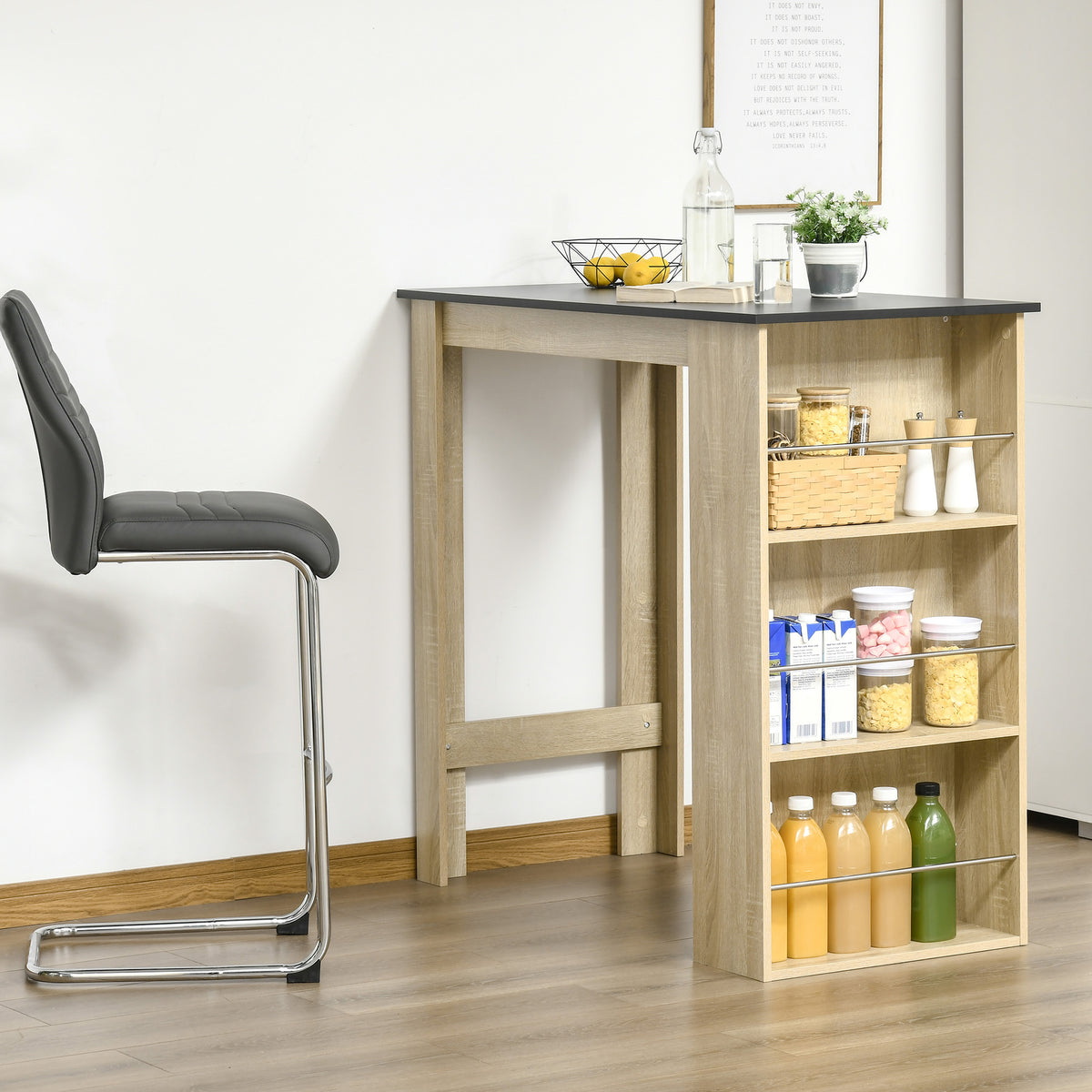 Table de bar table haute de cuisine mange-debout comptoir - dim. 112L x 57l x 106H cm - 3 étagères - aspect chêne clair noir-1