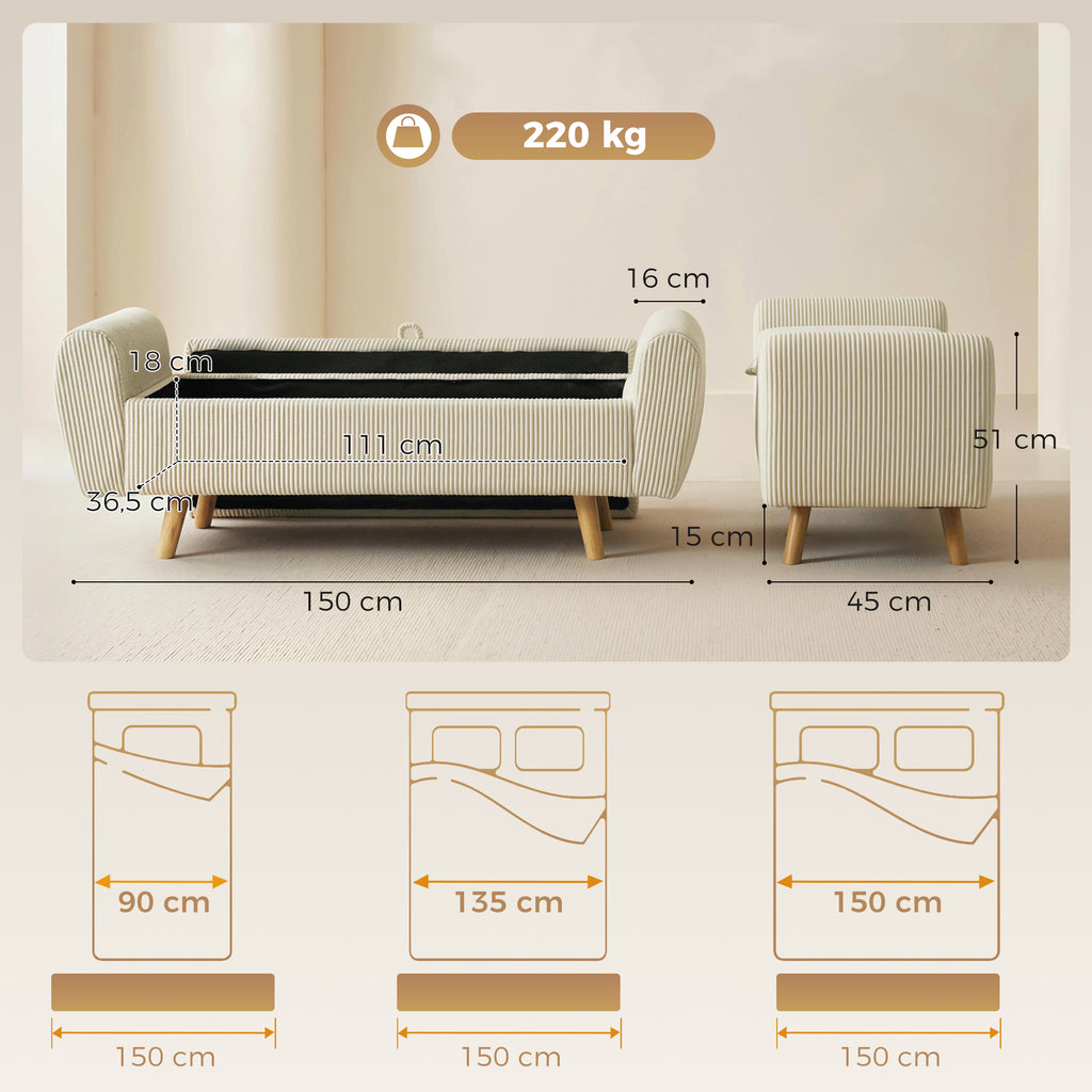 Banc de rangement 73 L, coffre de rangement rembourré en velours côtelé avec accoudoirs et pieds en bois d'hévéa, beige-2