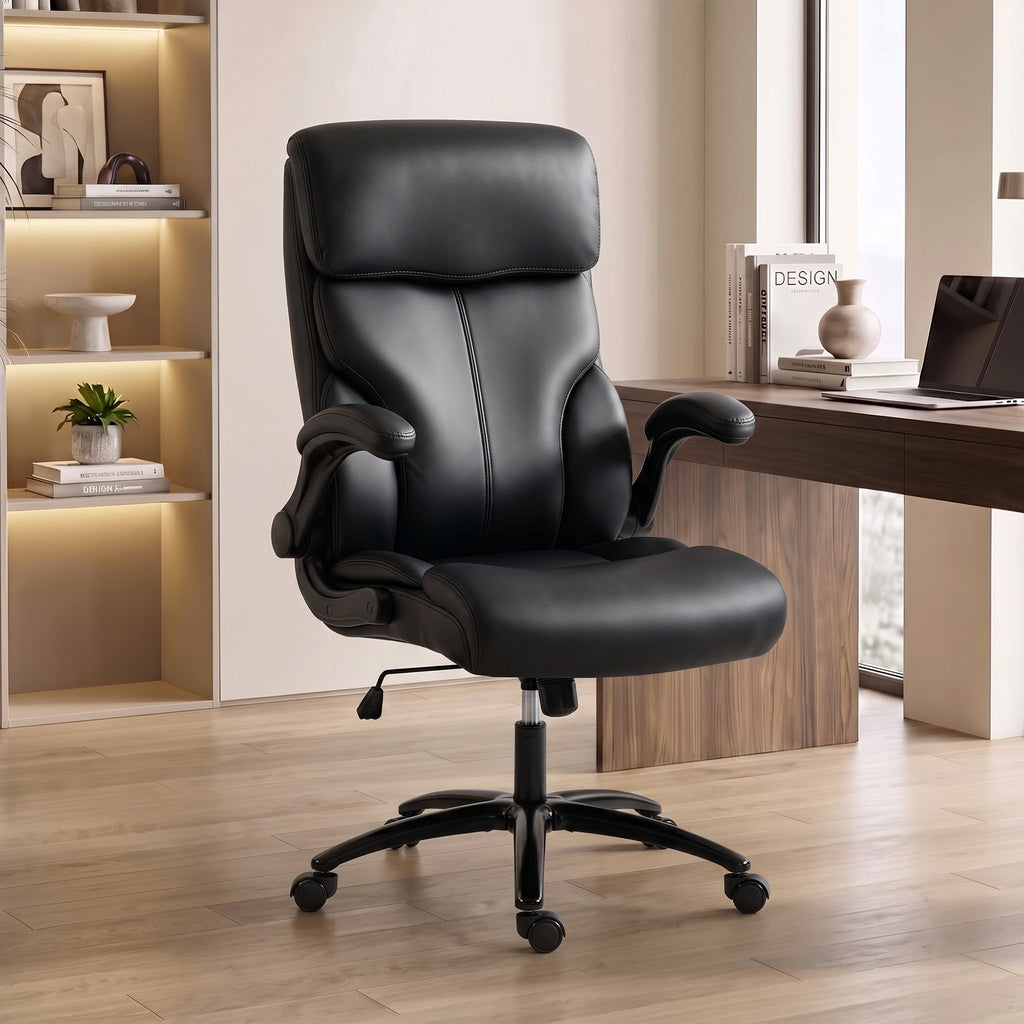 Chaise Bureau Ergonomique avec Accoudoirs Relevables, Fauteuil de Bureau en PU, Hauteur Réglable, Fonction Bascule, Noir-1