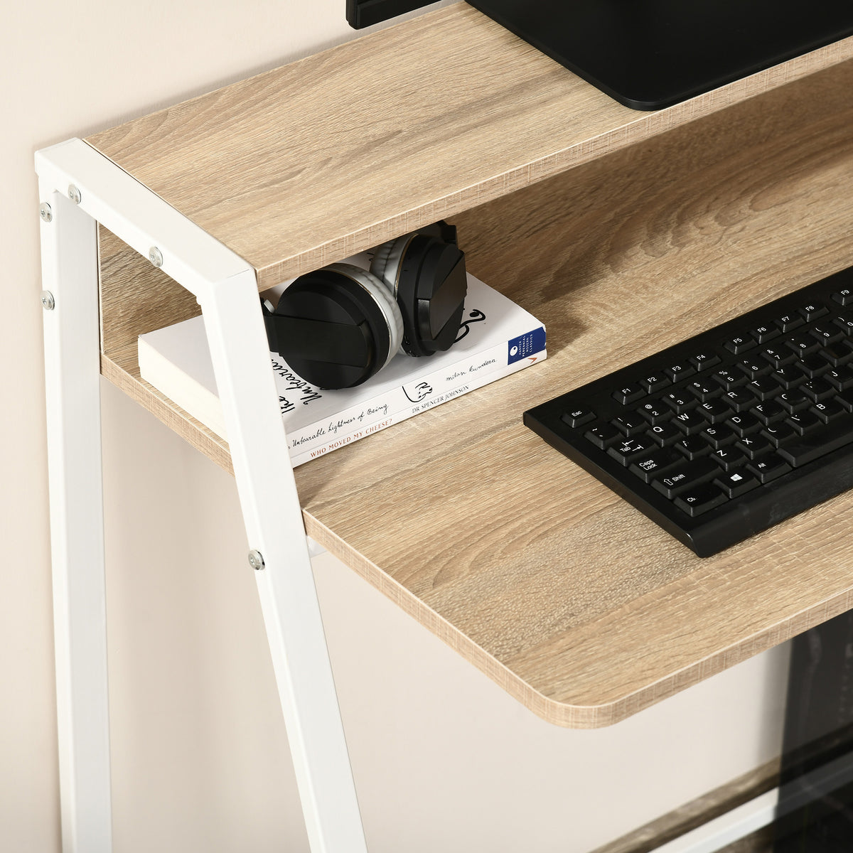 Bureau Informatique Table Ordinateur d'étude dim. 84L x 45l x 85H cm Style Simple en Bois chêne Clair Blanc-7