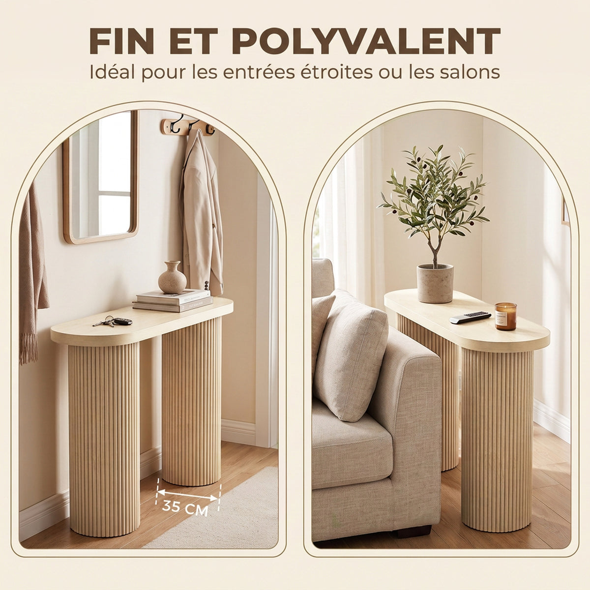 Table Console Cannelée, Rangement Dissimulé, Pieds Colonnes, Style Rustique, Console d'Entrée Étroite, 103x35x80cm Chêne-5