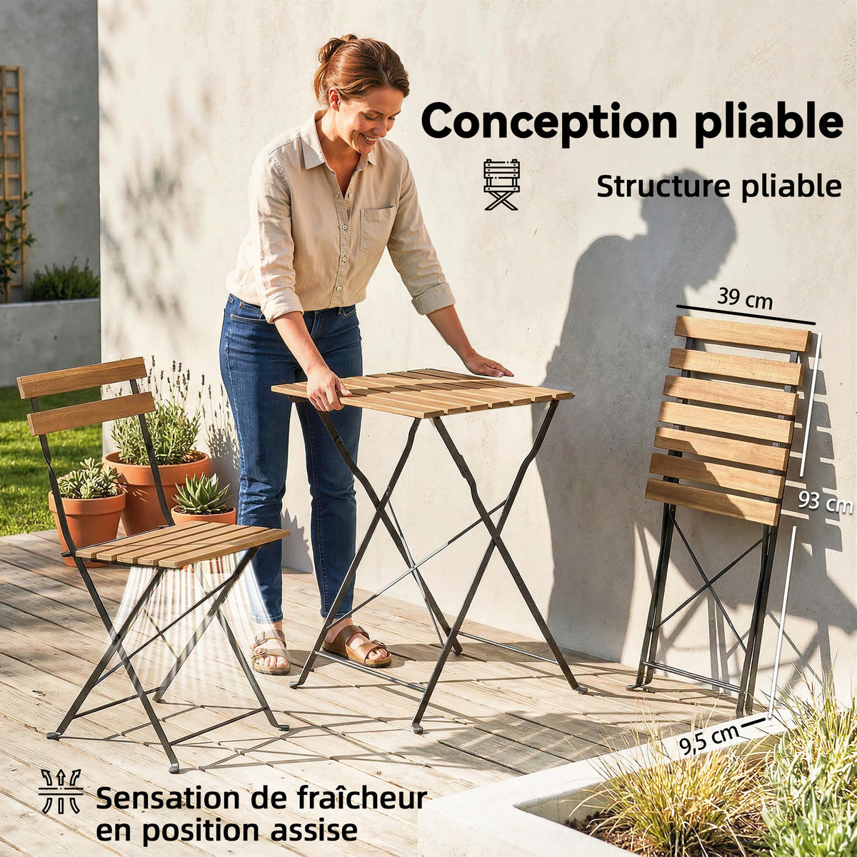 Ensemble de Salon de Jardin Bistrot 3 Pièces, 2 Chaises Pliantes, Table Carrée en Bois d'Acacia, 55x55x71cm, Naturel-3