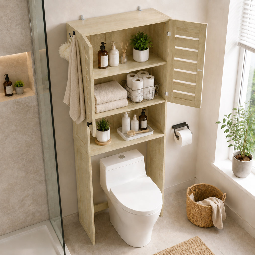 Meuble WC dessus de toilette/machine à laver avec placard à porte double, portes à persiennes, 67x31,5x190cm, chêne-7