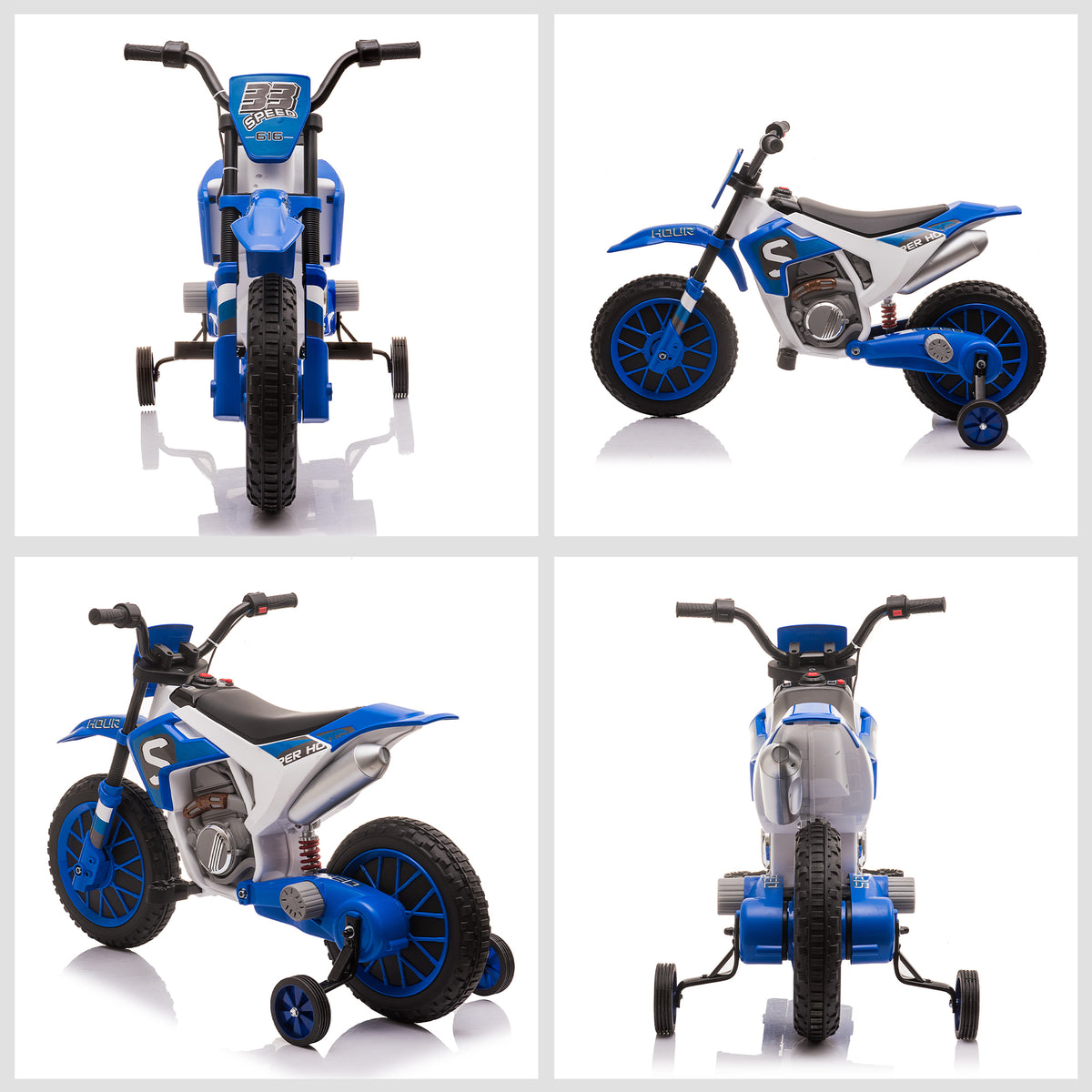 Moto Cross électrique Enfant 3 à 6 Ans 12 V 3-8 Km/h avec roulettes latérales Amovibles dim. 106,5L x 51,5l x 68H cm Bleu-7