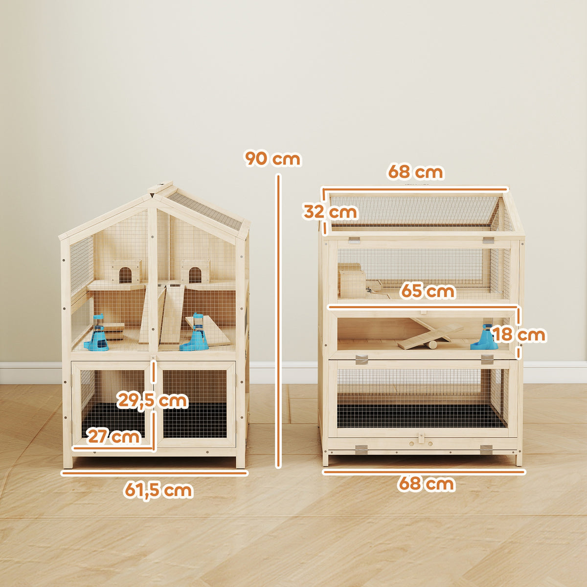 Cage Hamster 3 Étages en Bois avec Bac Amovible, Couvercle Ouvrant, Bascule, Cabane, Fenêtre, 68x61,5x90cm, Naturel-2
