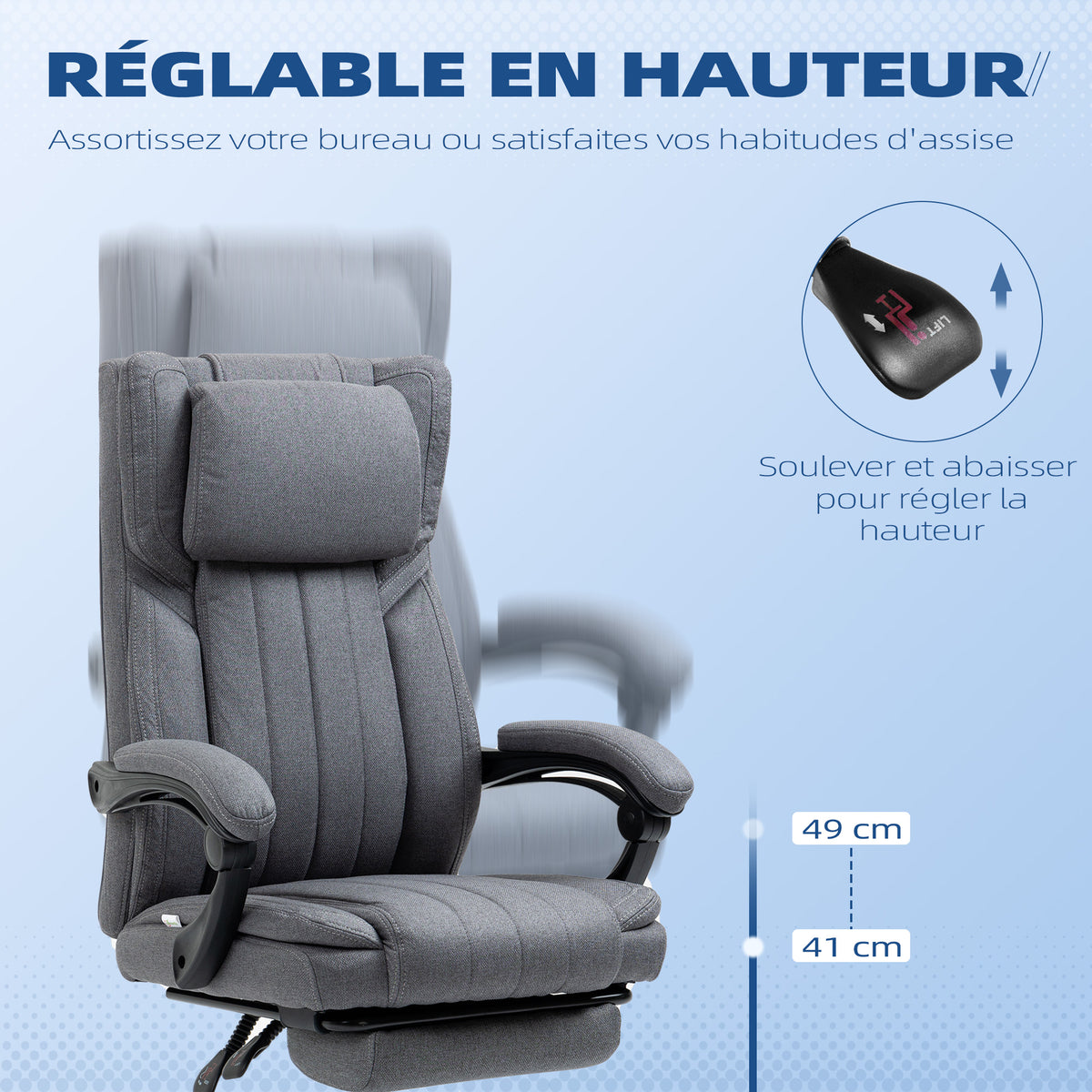 Chaise de bureau siège pivotant dossier inclinable hauteur réglable 65 x 61 x 105-113 cm gris-3